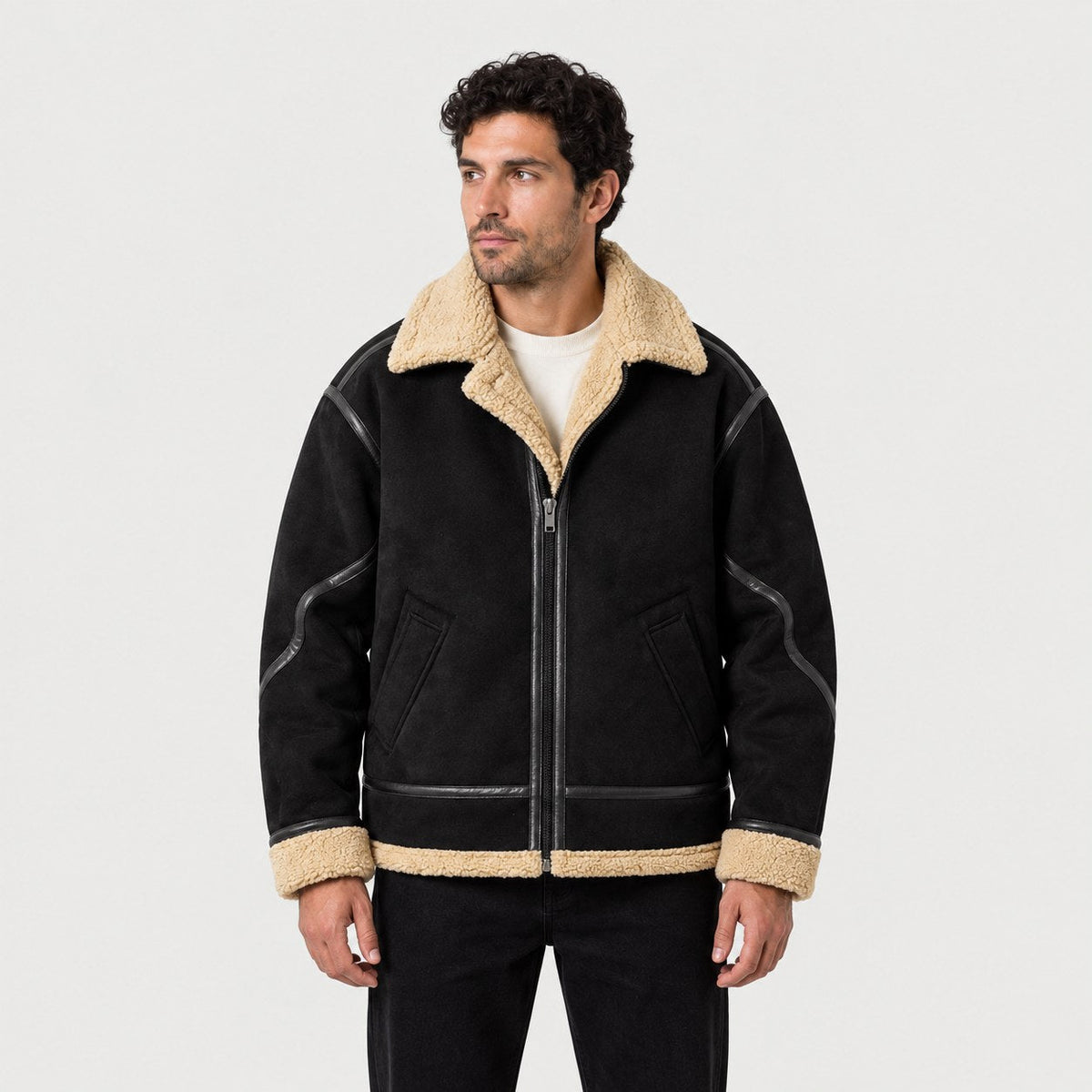 Men's faux suede aviator jacket in Black | Yarcombe – front view