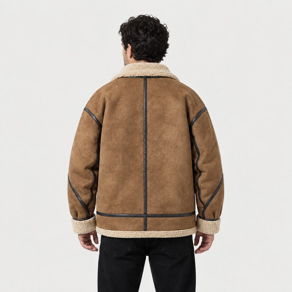 Men's faux suede aviator jacket in Tan | Yarcombe – back view