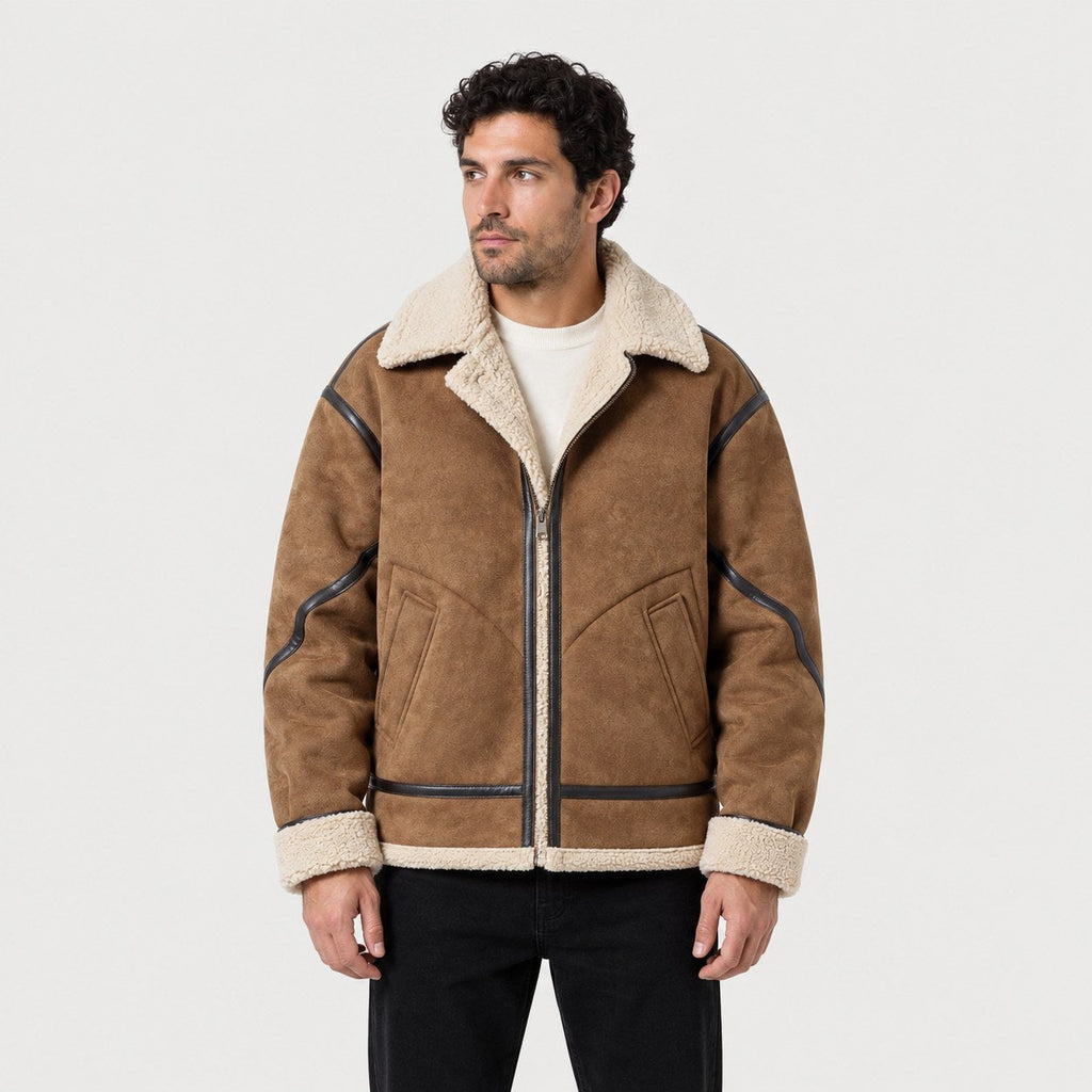 Men's faux suede aviator jacket in Tan | Yarcombe – front view