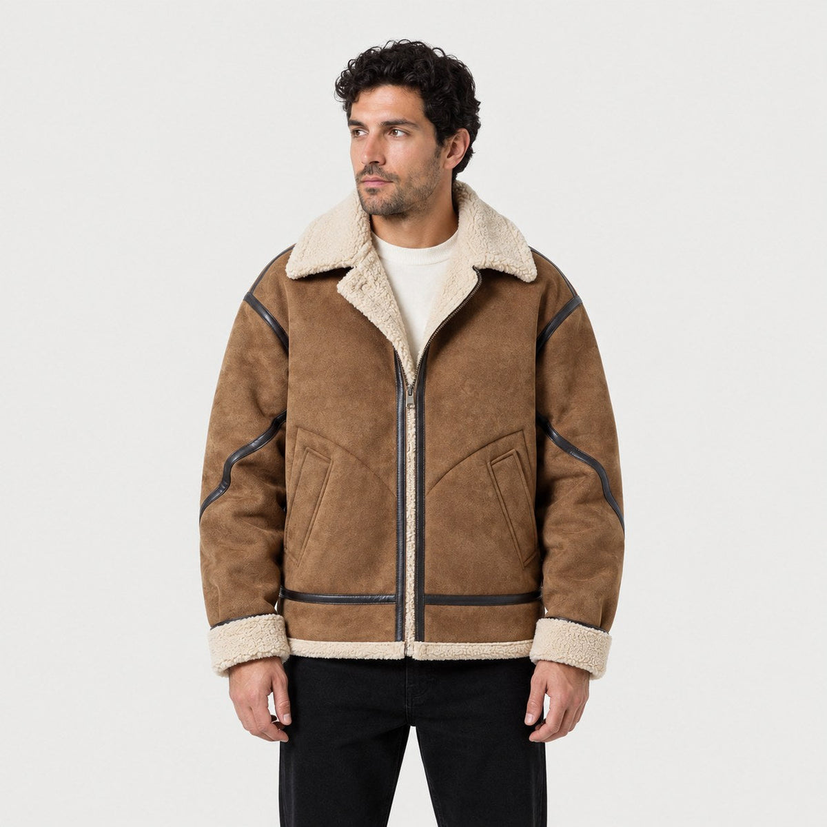 Men's faux suede aviator jacket in Tan | Yarcombe – front view