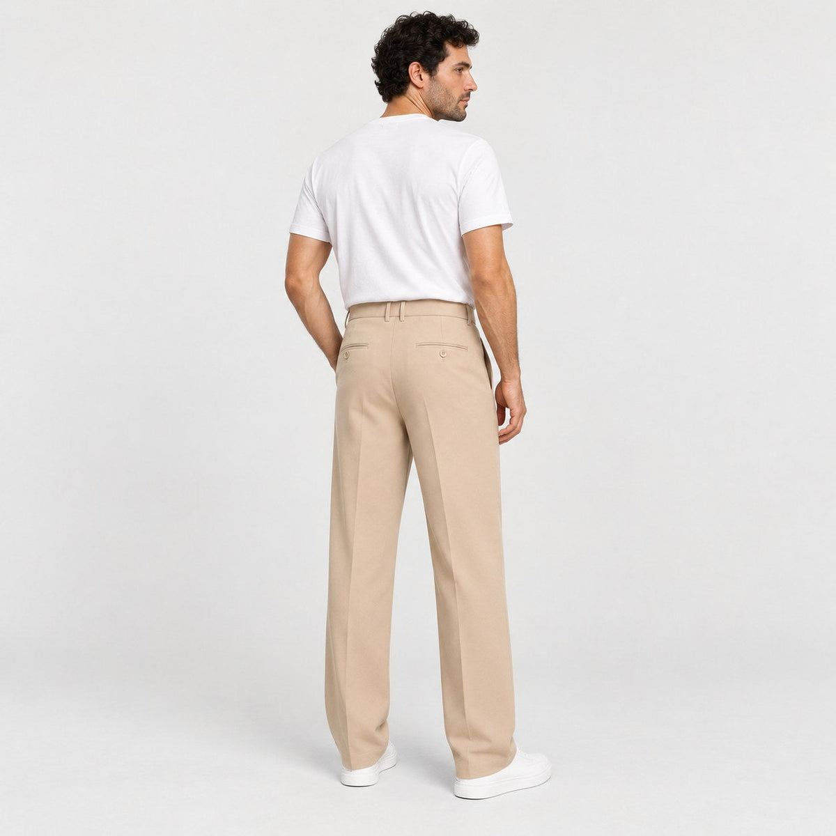 Men's Double-Pleat Trousers in Beige | Wylam – back view