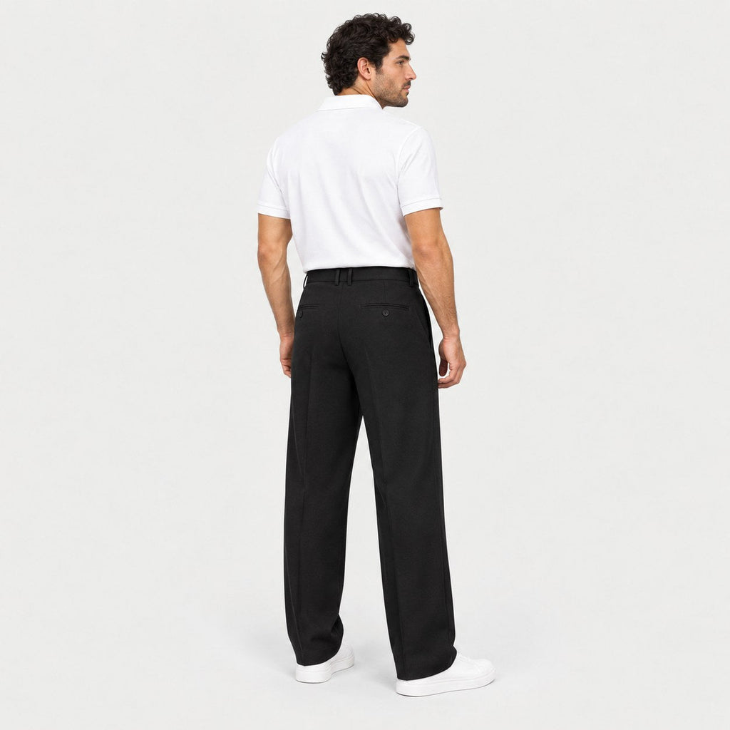 Men's Double-Pleat Trousers in Black | Wylam – back view