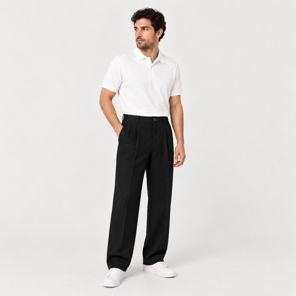 Men's Double-Pleat Trousers in Black | Wylam – front view