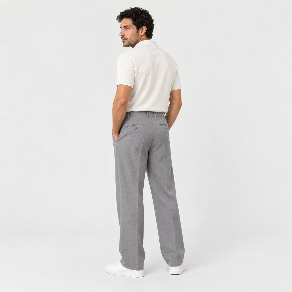 Men's Double-Pleat Trousers in Grey | Wylam – back view
