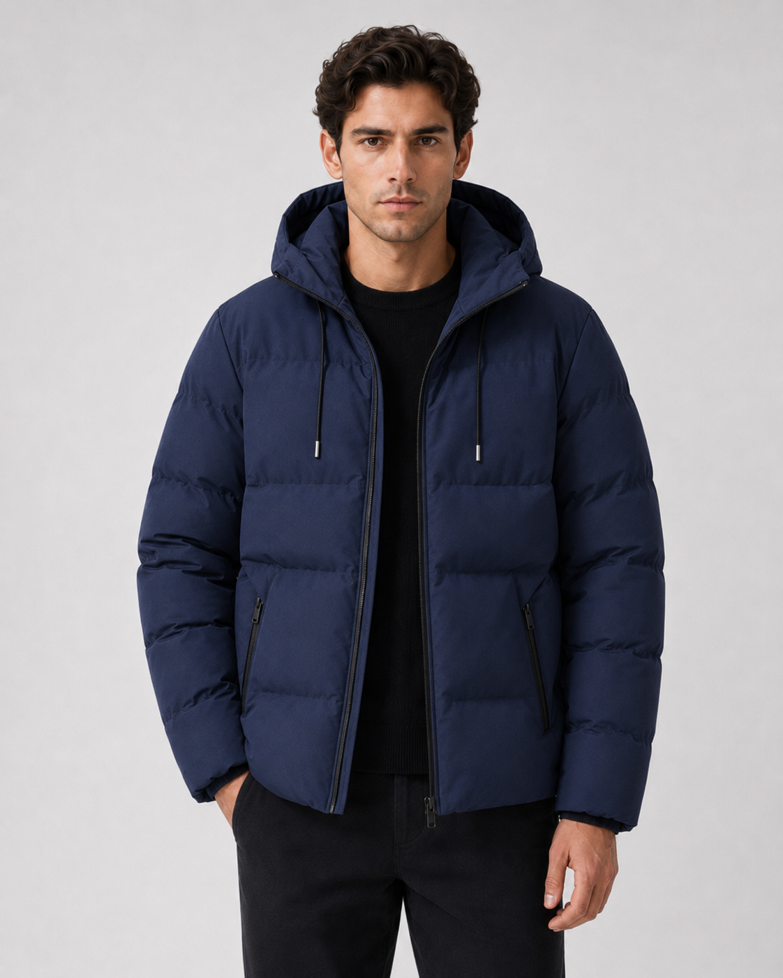 Men's drawstring hood puffer jacket with zip pockets