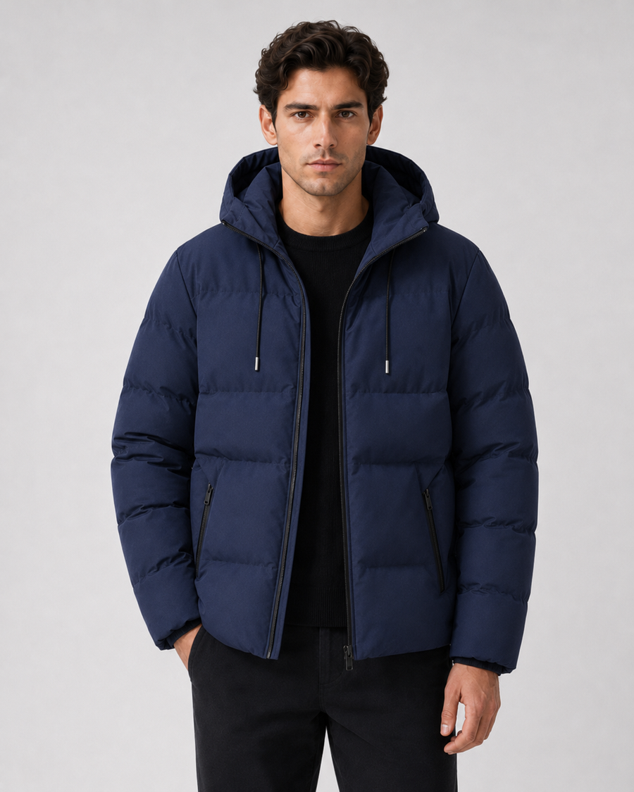 Men's drawstring hood puffer jacket with zip pockets