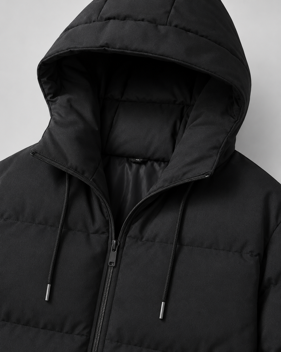 Men's drawstring hood puffer jacket with zip pockets