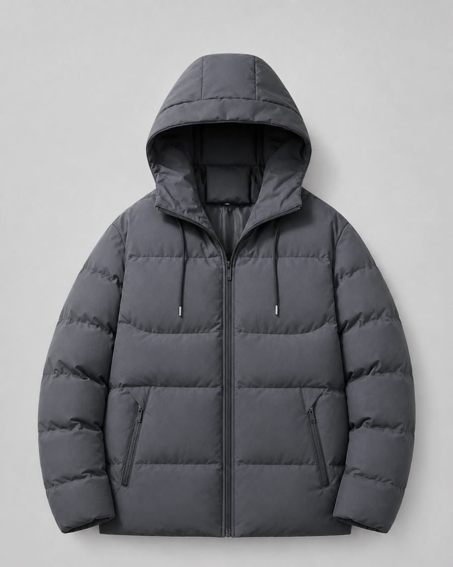 Men's drawstring hood puffer jacket with zip pockets