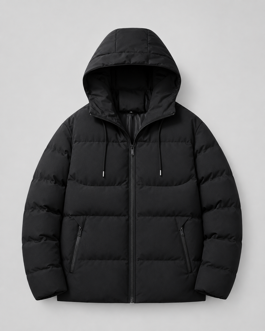 Men's drawstring hood puffer jacket with zip pockets