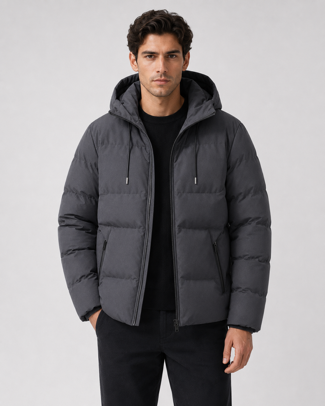 Men's drawstring hood puffer jacket with zip pockets