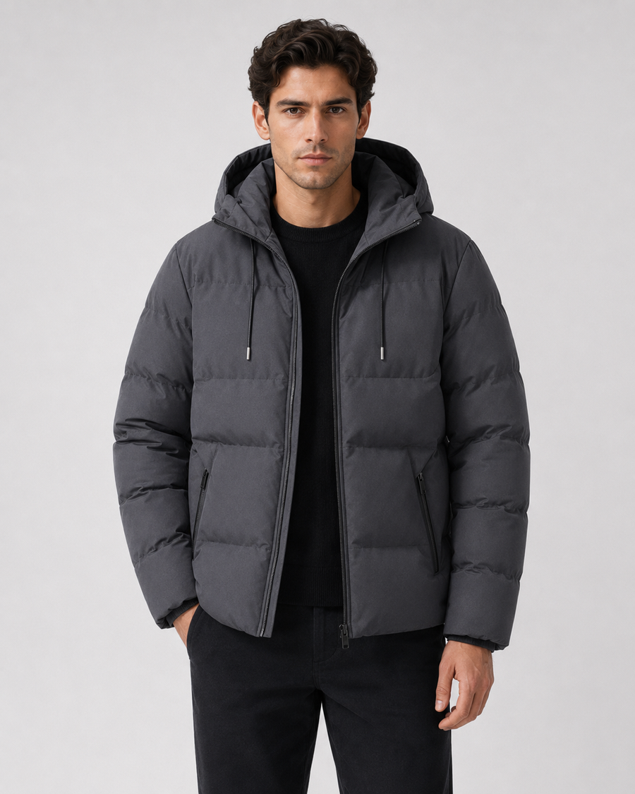 Men's drawstring hood puffer jacket with zip pockets