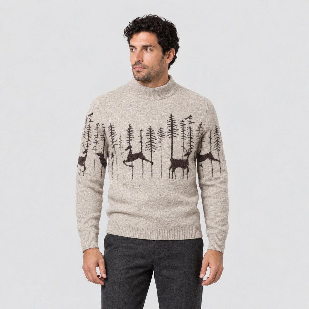 Men's woodland Christmas jumper in Beige | Redmire – front view