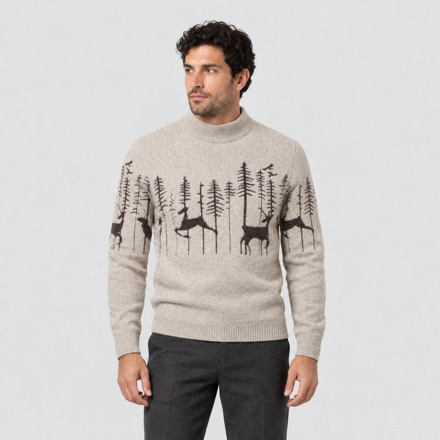 Men's woodland Christmas jumper in Beige | Redmire – front view