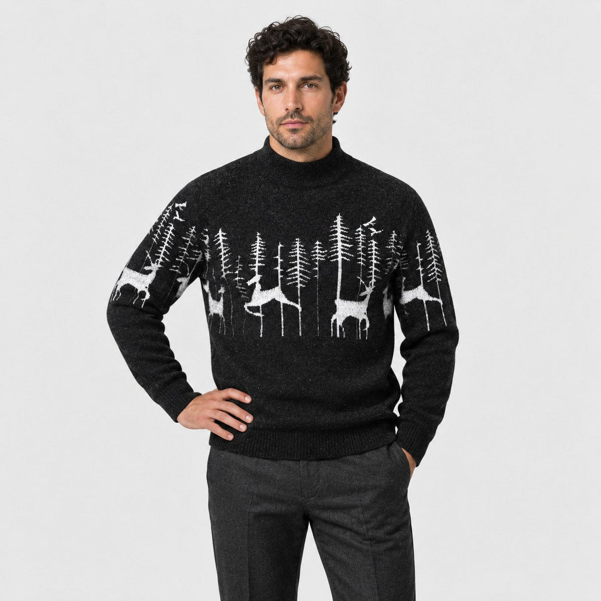 Men's woodland Christmas jumper in Black | Redmire – front view