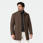 Men's stand collar overcoat in Brown | Tibenham – front view