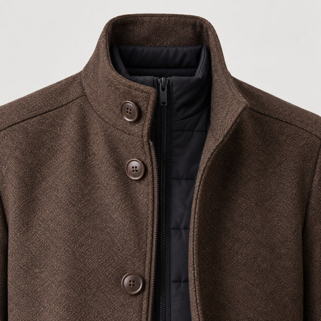 Men's stand collar overcoat in Brown | Tibenham – detail view