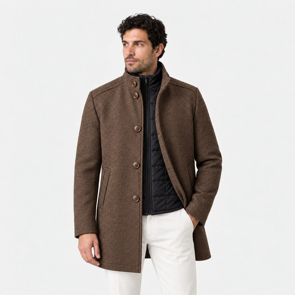 Men's stand collar overcoat in Brown | Tibenham – front view