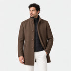 Men's stand collar overcoat in Brown | Tibenham – front view