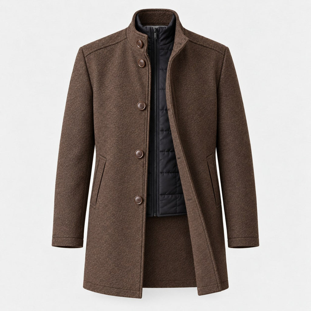 Men's stand collar overcoat in Brown | Tibenham – front view