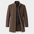 Men's stand collar overcoat in Brown | Tibenham – front view