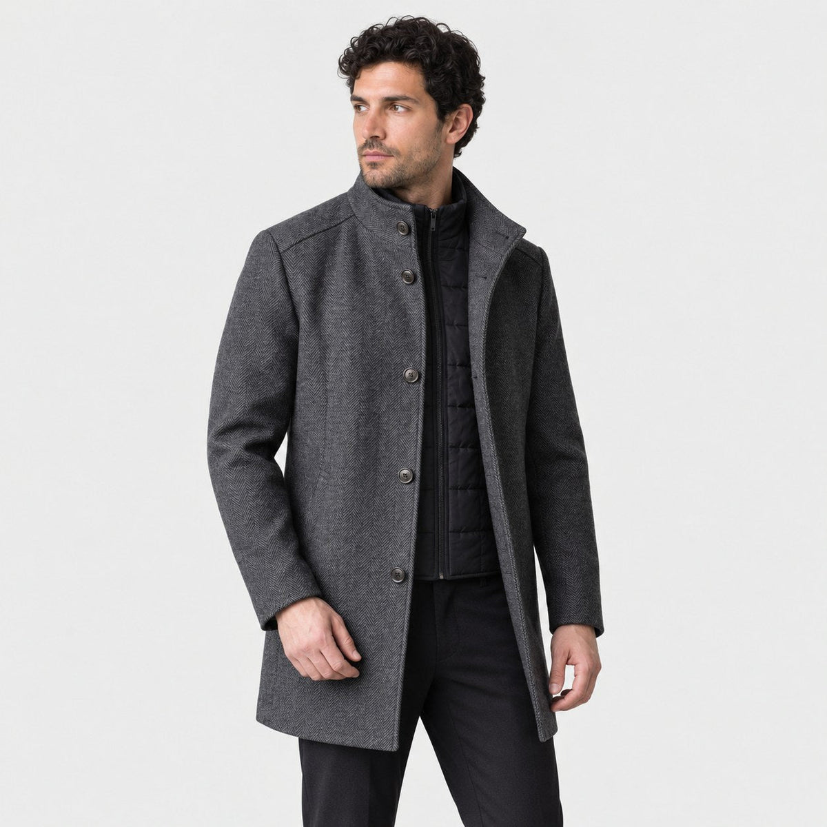 Men's stand collar overcoat in Grey | Tibenham – front view
