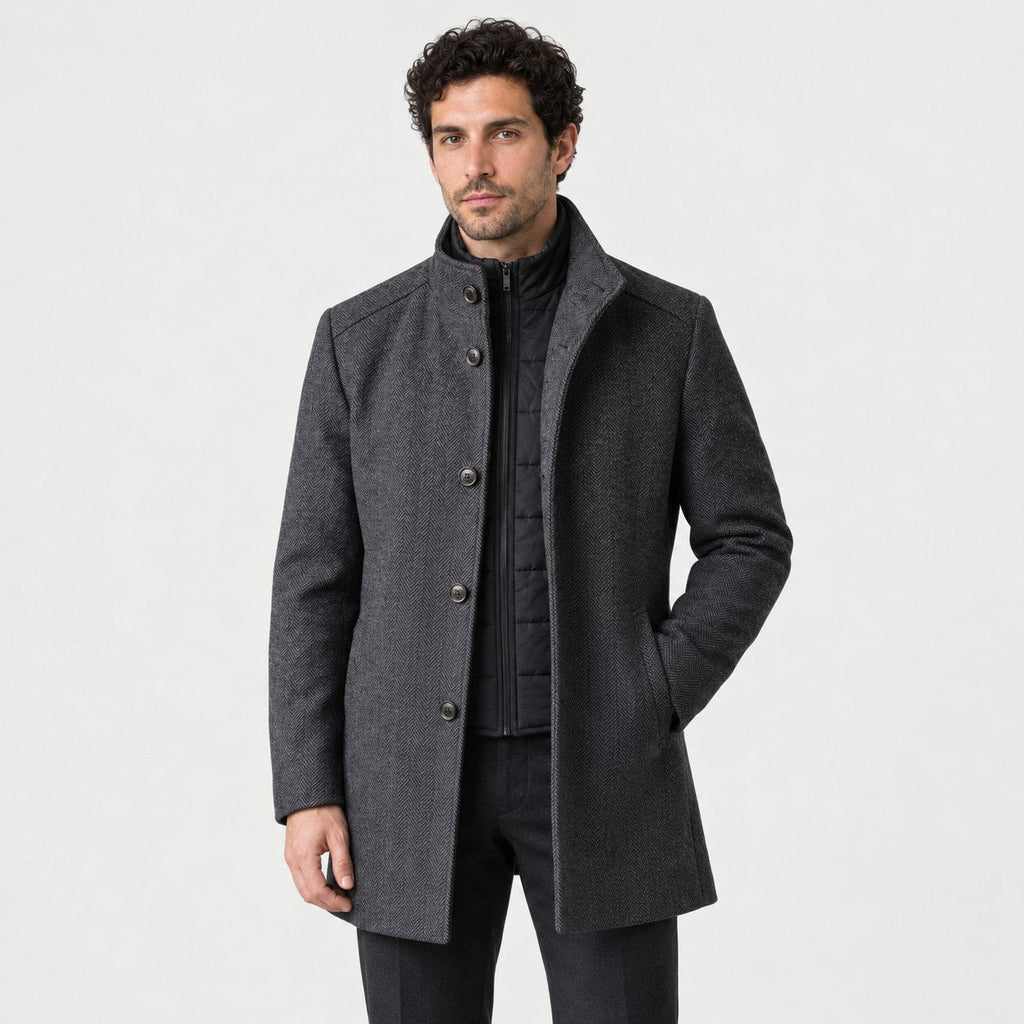 Men's stand collar overcoat in Grey | Tibenham – front view