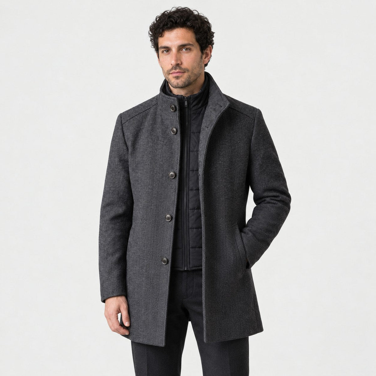 Men's stand collar overcoat in Grey | Tibenham – front view
