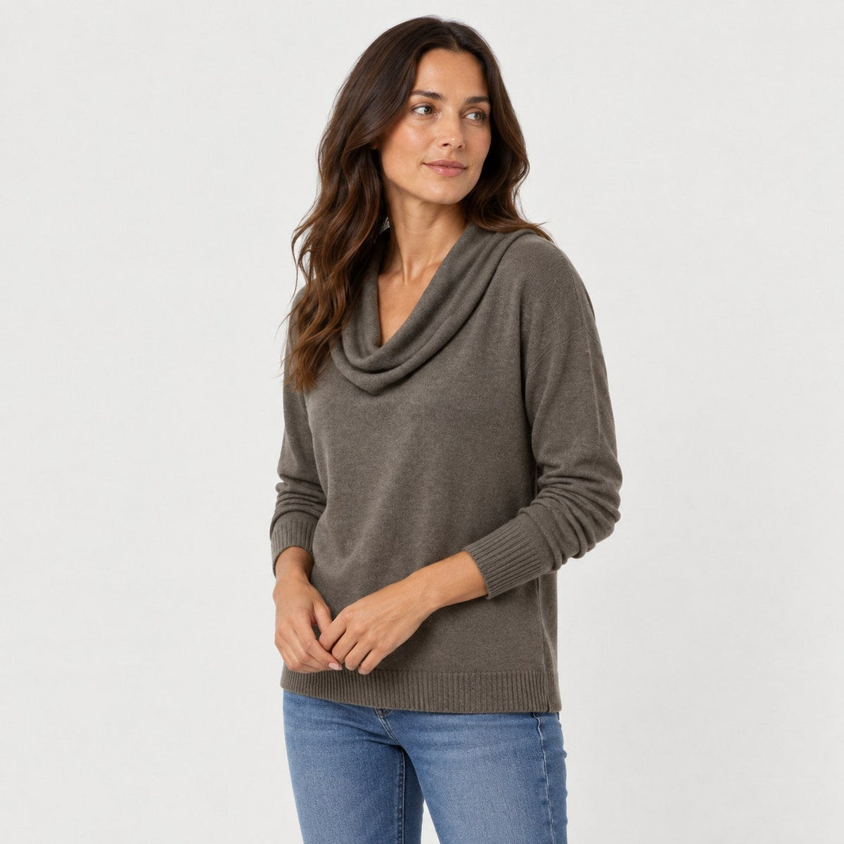 Women's Cowl Neck Jumper in Taupe | Grantchester – side view