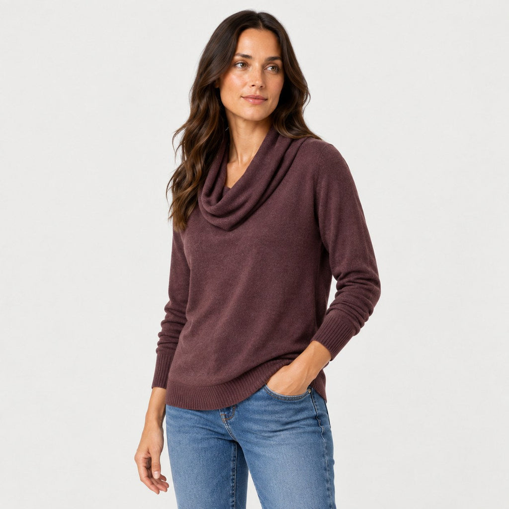 Women's Cowl Neck Jumper in Plum | Grantchester – side view