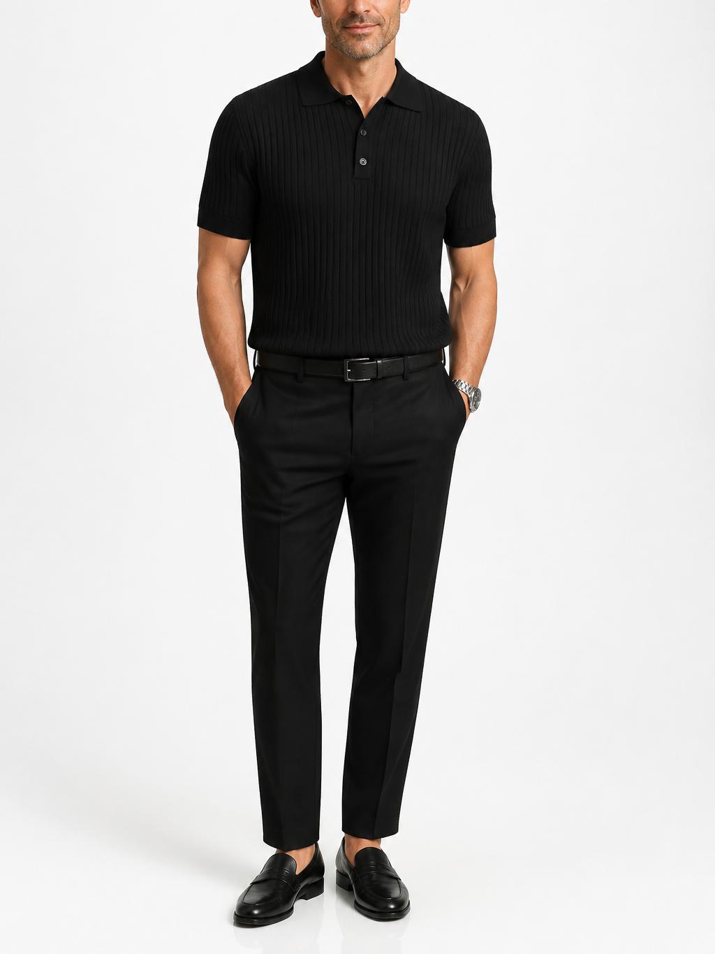 Men's striped knit polo shirt with lapel collar
