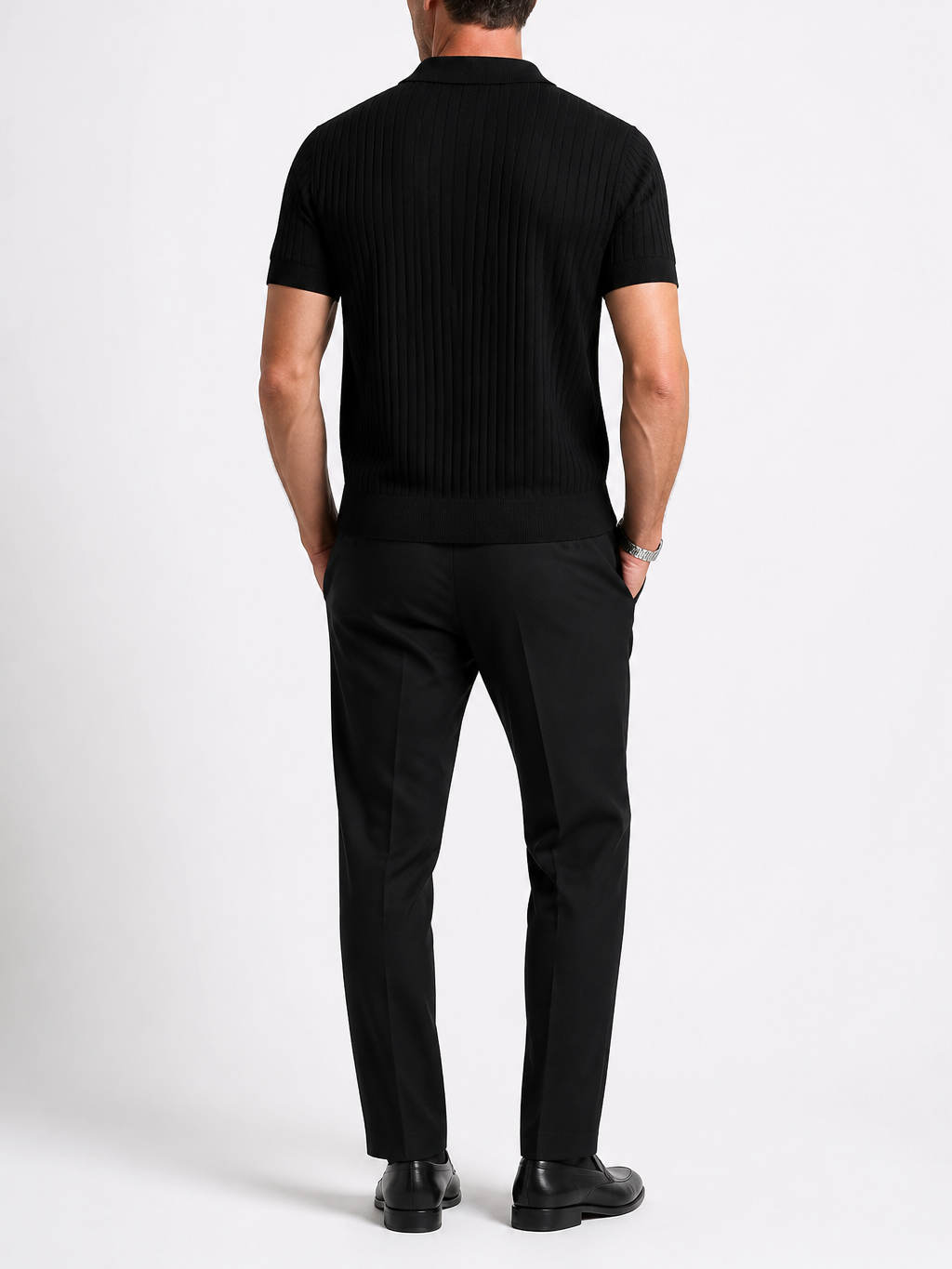 Men's striped knit polo shirt with lapel collar