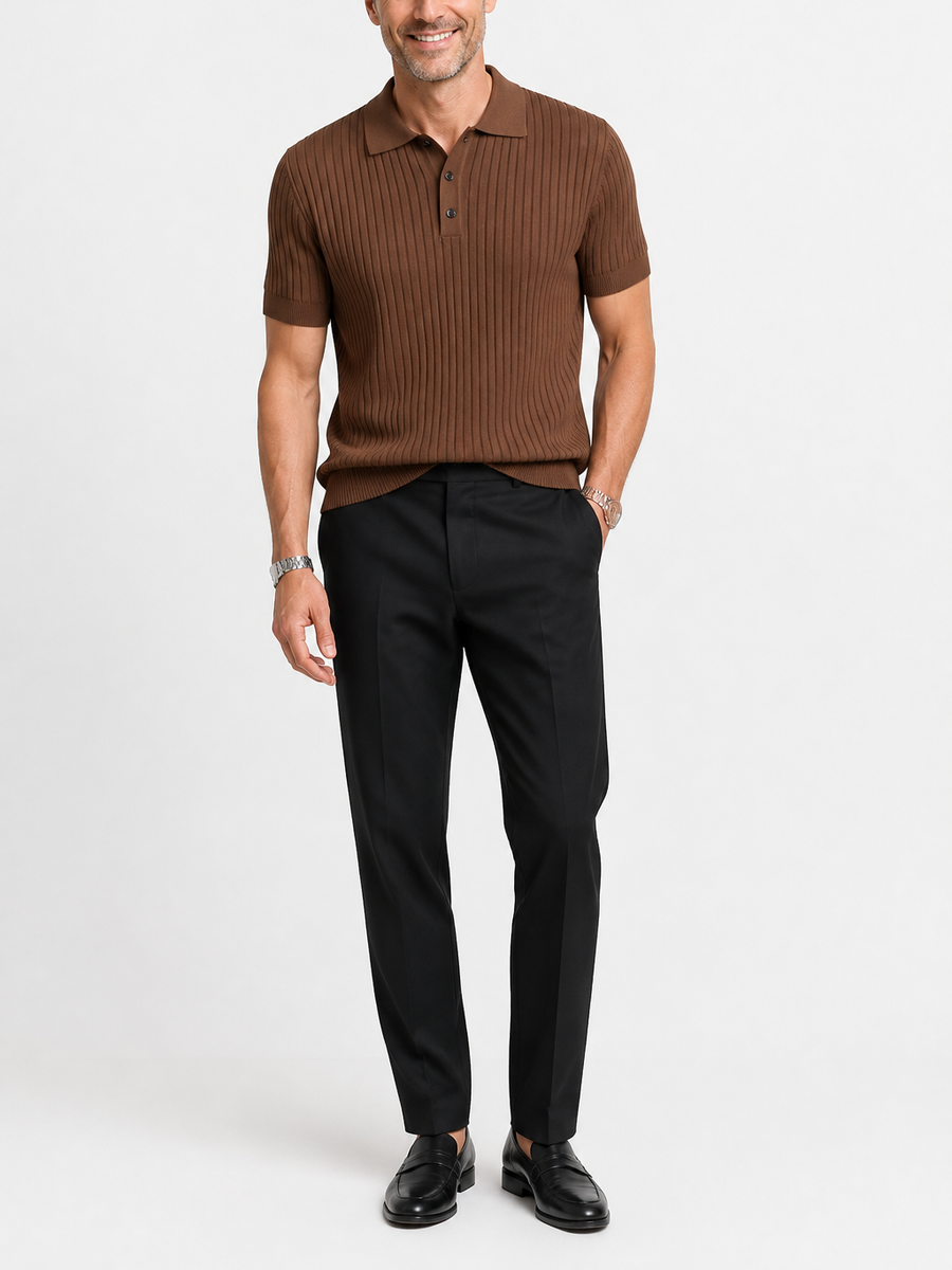 Men's striped knit polo shirt with lapel collar