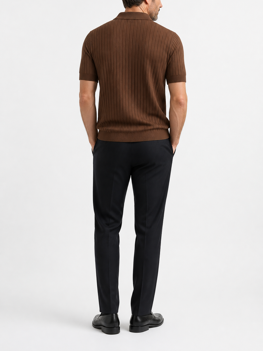 Men's striped knit polo shirt with lapel collar
