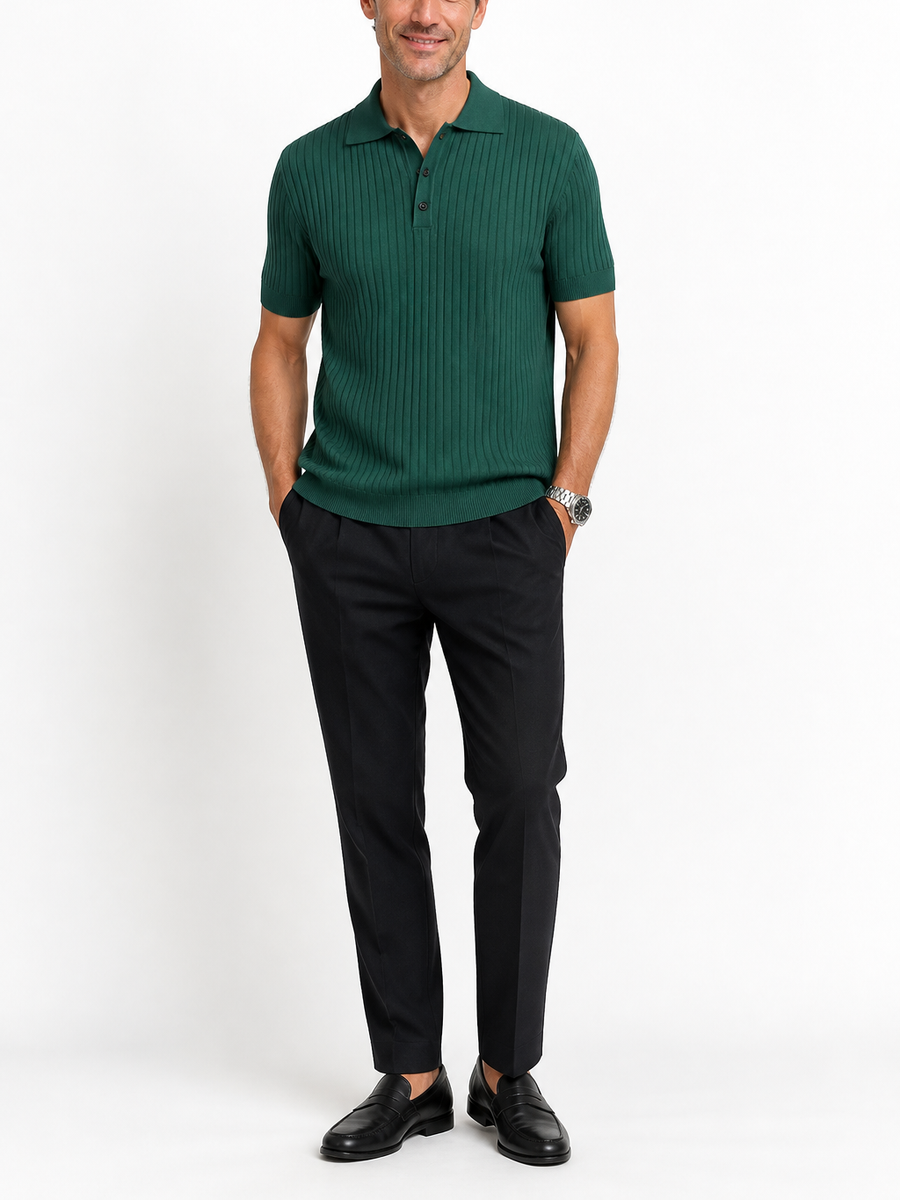 Men's striped knit polo shirt with lapel collar