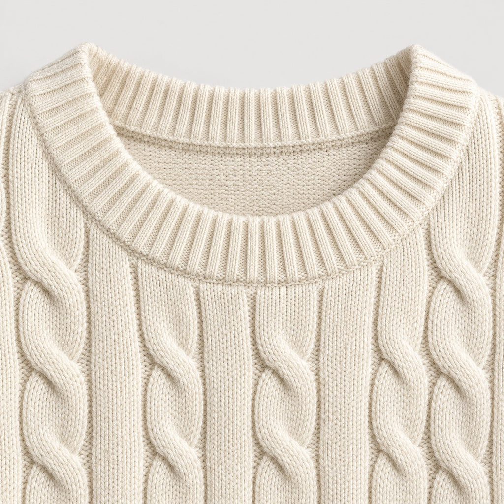 Men's cable knit crew neck jumper in Cream | Oddington – detail view