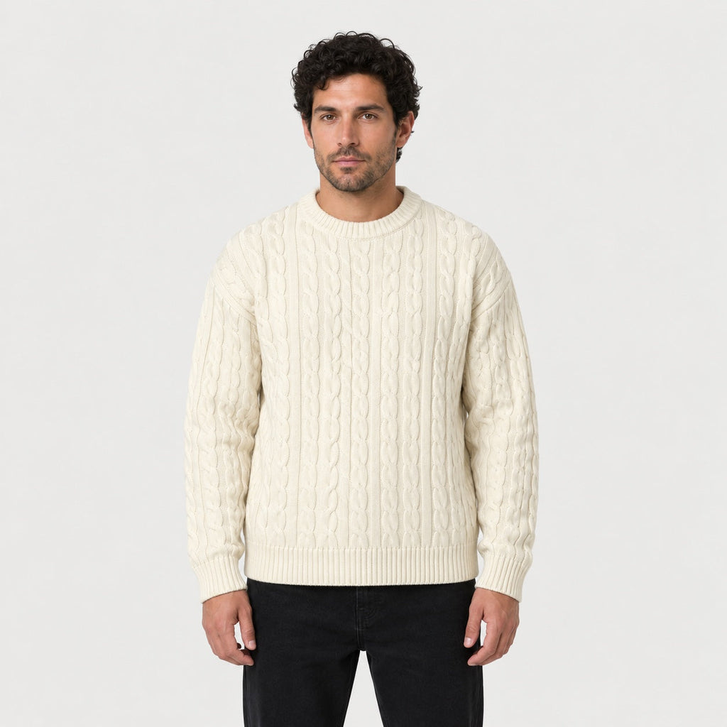 Men's cable knit crew neck jumper in Cream | Oddington – front view