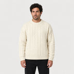 Men's cable knit crew neck jumper in Cream | Oddington – front view