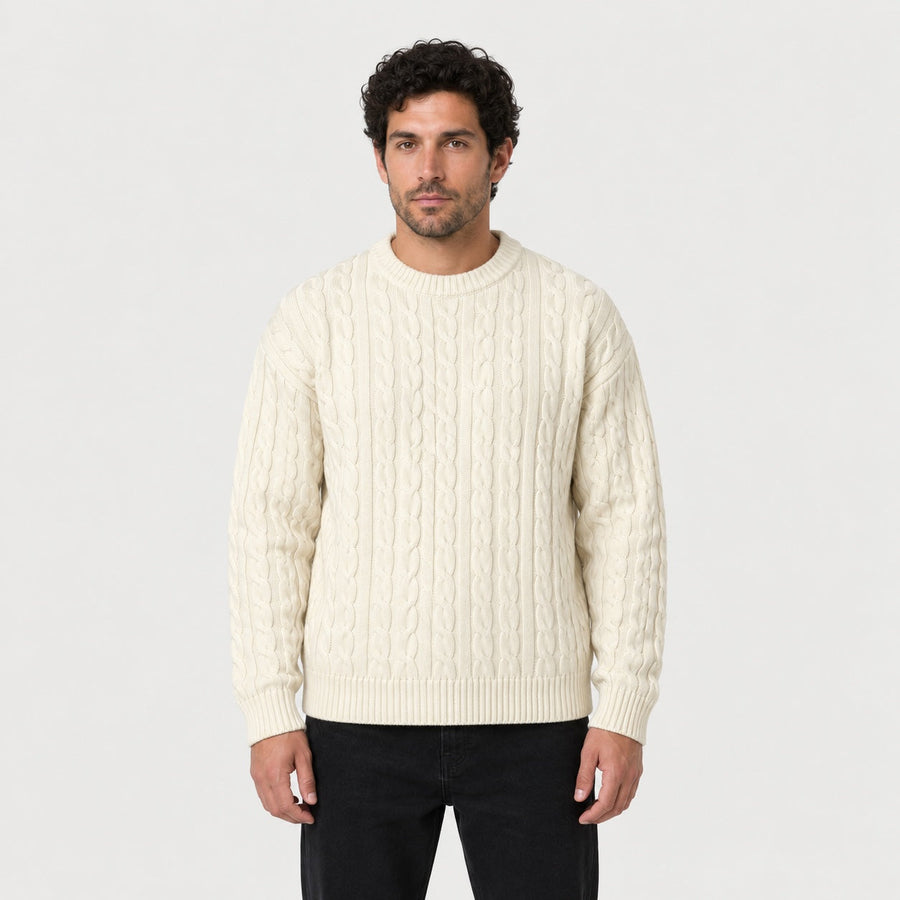 Men's cable knit crew neck jumper in Cream | Oddington – front view