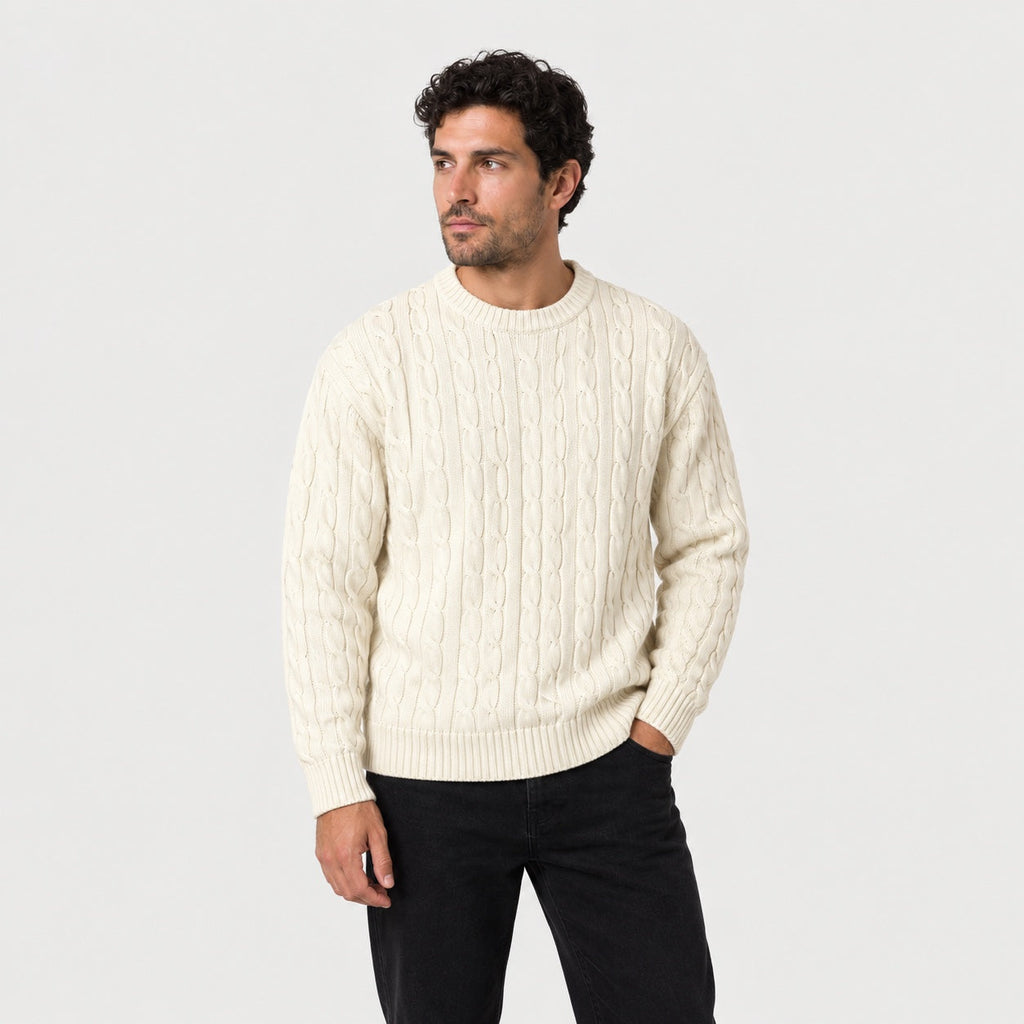 Men's cable knit crew neck jumper in Cream | Oddington – side view