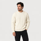 Men's cable knit crew neck jumper in Cream | Oddington – side view