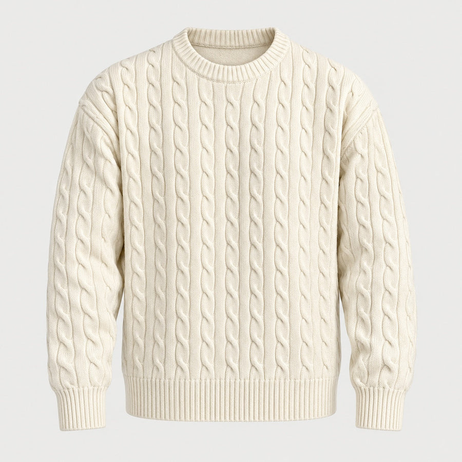 Men's cable knit crew neck jumper in Cream | Oddington – front view