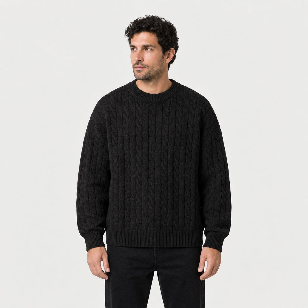 Men's cable knit crew neck jumper in Black | Oddington – front view
