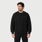 Men's cable knit crew neck jumper in Black | Oddington – front view