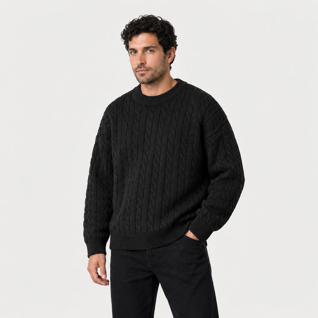 Men's cable knit crew neck jumper in Black | Oddington – side view
