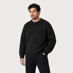 Men's cable knit crew neck jumper in Black | Oddington – side view