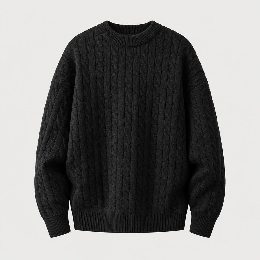 Men's cable knit crew neck jumper in Black | Oddington – front view