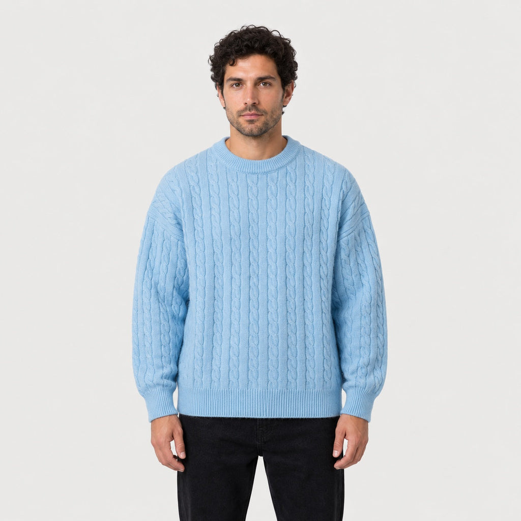 Men's cable knit crew neck jumper in Light Blue | Oddington – front view