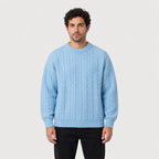 Men's cable knit crew neck jumper in Light Blue | Oddington – front view