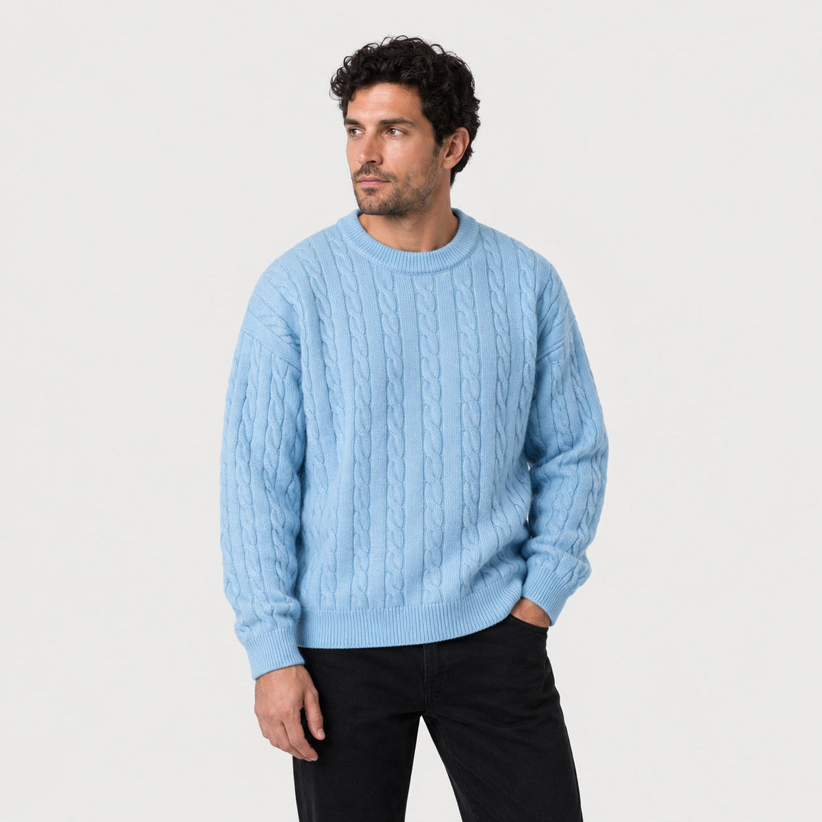 Men's cable knit crew neck jumper in Light Blue | Oddington – side view