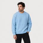 Men's cable knit crew neck jumper in Light Blue | Oddington – side view